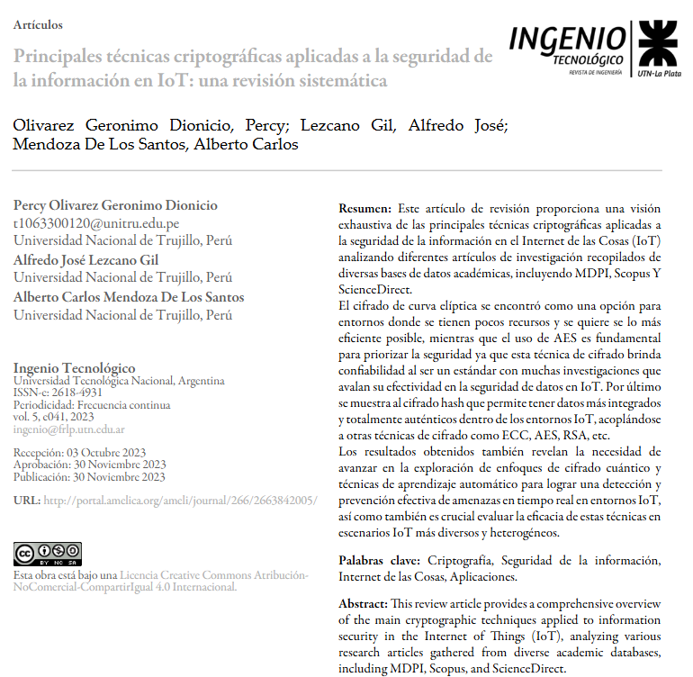 Portada: Principales técnicas criptográficas aplicadas a la seguridad de la información en IoT: una revisión sistemática
